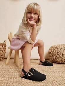 Mini mi #StarryWalk 儿童铆钉搭扣装饰仿麂皮黑色后跟带木屐——适合活泼小脚丫的酷炫套脚鞋 - 黑色 - 查看 1