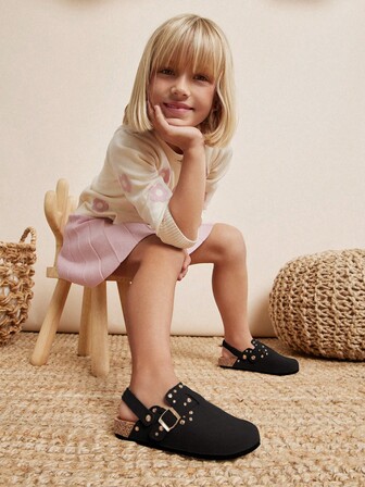 Mini mi Saboți pentru copii #StarryWalk, negri, din piele întoarsă artificială, cu cataramă decorativă și baretă la spate – Pantofi sport frumoși pentru picioare mici și jucăușe