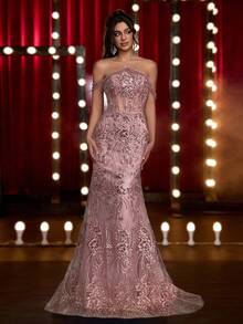 Glamrae Elegant Luxurious Embroidered Lace Sequin Beaded Off Shoulder Pearl Chain Sexy Mermaid Tail Dress With Train, Suitable For Weddings, Events, Bachelorette Parties, Vacations, Galas, Graduations, Formal Occasions (Heavy-Duty), Valentine's Day - Dusty Pink - View 2