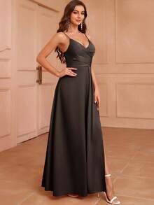 SHEIN Belle 成人时尚前褶裥开衩吊带伴娘礼服 - 咖啡棕 - 查看 6