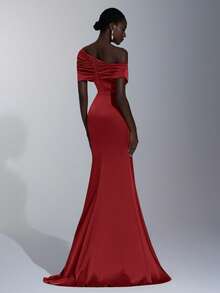Elitara Elegant,Formal Burgundy Winter Bridesmaid Dress, Stretch Satin Fishtail Hem Trailing Fashionable Influencer Holiday Wedding Event - Red - View 2
