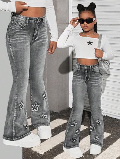 SHEIN Tween Girls' Y2K Blue Jeans With Star Pattern At The Ankle,Summer Boho Nostalgia Wash Bell Bottoms Denim Pants Star Patch Jeans Distressed Jeans For Girls Flare Jeans Bell Bottoms Girl Girls Star Jeans
