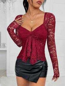 SHEIN EZwear 2025 新款秋冬女装优雅休闲性感波西米亚风格可爱酒红色蕾丝不对称下摆 T 恤衬衫万圣节服装女装圣诞服装女装派对外出上衣，优雅女士 - 酒紅色 - 查看 5