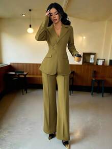 SHEIN PETITE 女士翻领收腰修身长袖长款西装套装，优雅商务OL装，适合工作、约会、秋季穿着 - 軍綠色 - 查看 4