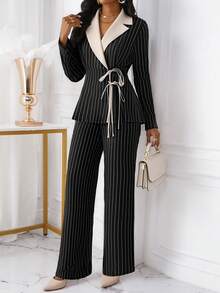 Xyvia 女士休闲/办公优雅条纹系带西装外套和裤子套装，秋冬款 - 黑色 - 查看 3