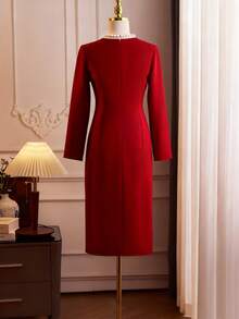 Franclia 新款秋冬珍珠领女式连衣裙，收腰显瘦设计，优雅派对礼服，适合感恩节、圣诞节等场合 - 紅色 - 查看 2