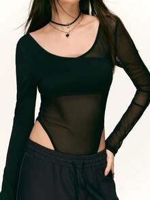 Rina Fox 女式性感网眼拼接透视长袖紧身衣，春夏秋装 - 黑色 - 查看 1