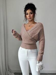 SHEIN Elenzya Áo len dệt kim hở lưng cổ chữ V ngắn thời trang đơn sắc dành cho nữ - Màu Khaki - Xem 3