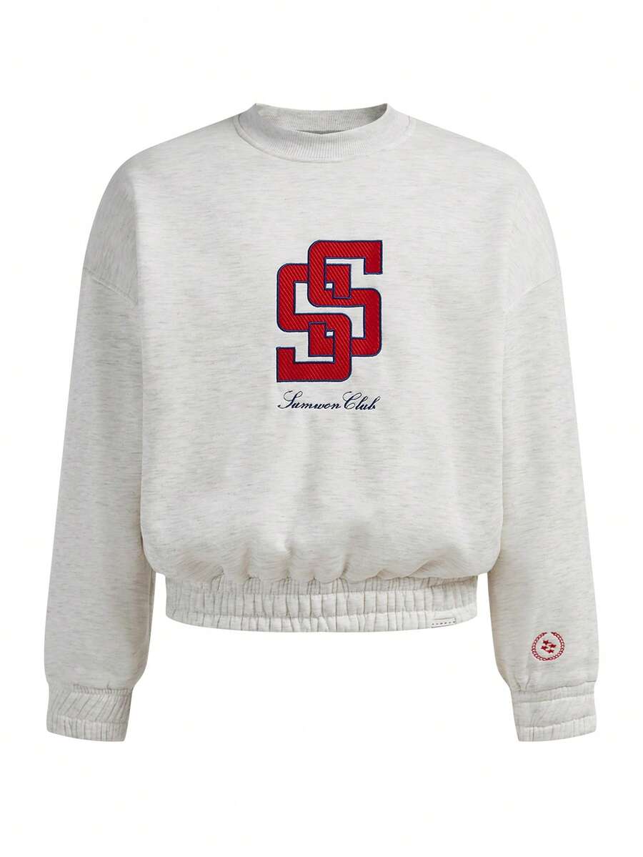 SUMWON Vintage Chenille Patch Sweatshirt Oversized Winter Fall Applique Embroidered Athletic Casual Workout Cozy Streetwear - Grey - View 1