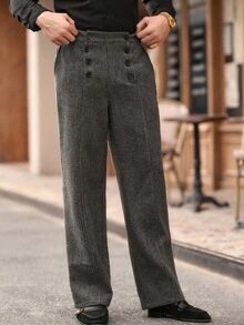 HIMLAND 男士双排扣直筒宽松休闲西装裤 - 深灰色 - 查看 4