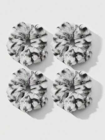 Kawaii 2pcs Retro Chic Fashionable High-Quality Black & White Leopard Print Fluffy Scrunchies Set, Versatile Combo Suitable For Women, Daily Wear Or Gift