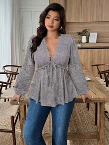 SHEIN LUNE Plus Size Women Elegant Lace Jacquard Fabric Ruffle Hem Party Blouse, Office Wear - Grey - View 3