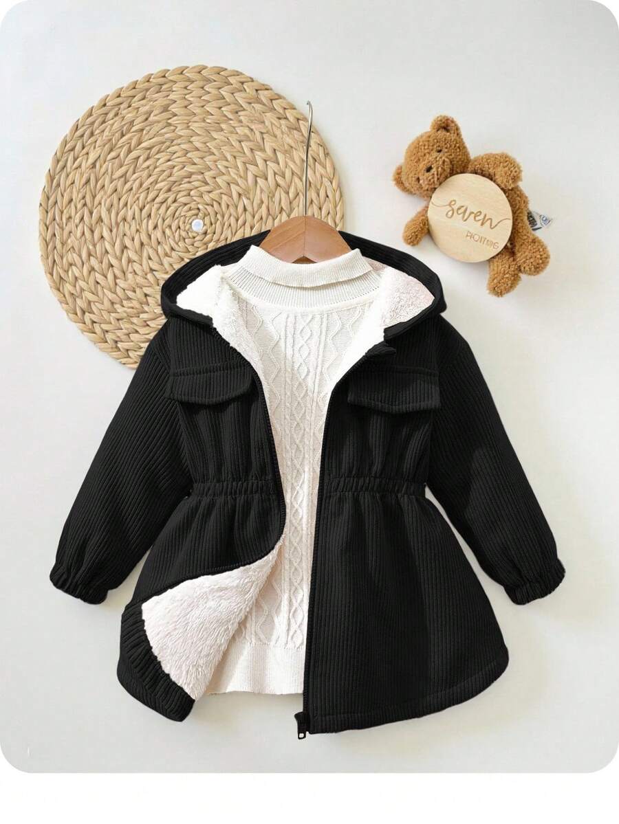 Baby Girl Autumn/Winter Cute Black Corduroy Hooded Thermal Lined Jacket Baby Girl Winter Coats Baby Girl Fall Clothes Jackets Baby Girl Black Jacket Winter Baby Girl Clothes Toddler Girl Winter Coat
