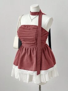 Sunspun Lace Hem Cropped Top With Plaid Strap Detail - Red - View 4