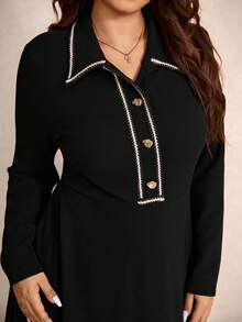 SHEIN Elaquor Plus Size Women's Button Placket Long Sleeve Casual Dress - Black - View 3