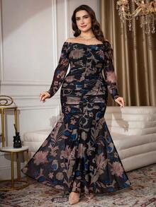 Modelyn 大码女式碎花露肩长袖鱼尾下摆优雅连衣裙 - 黑色 - 查看 1