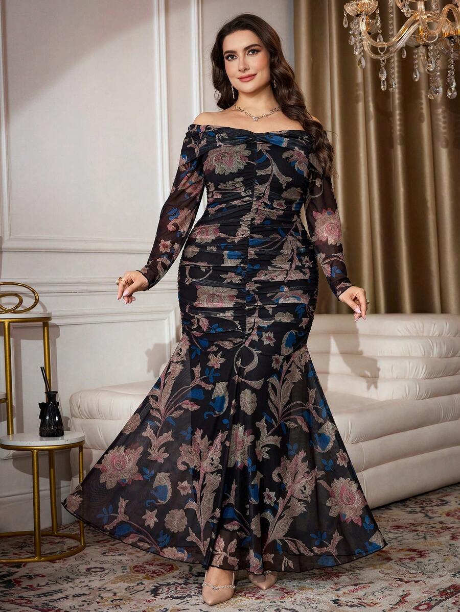 Modelyn 大码女式碎花露肩长袖鱼尾下摆优雅连衣裙 - 黑色 - 查看 1