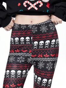 ROMWE Gothic Style Christmas Skeleton, Bat, Spider Web, Snowflake, Iris Flower Print Women Elastic Leggings - Black - View 7