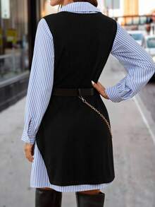 SHEIN Clasi Camisa Listrada Azul e Branca de Manga Longa Feminina, Jaqueta de Colete de Malha com Cinto, Elegante para Uso Diário e Transporte, Conjunto de 2 Peças para Outono/Inverno - Multicolorido - Visão 11