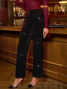 SHEIN Clasi Quần nhung đen cạp cao thanh lịch đính đá Rhinestone cho nữ, thích hợp mặc dự tiệc, mặc hàng ngày và nhiều dịp khác nhau, mùa thu/đông - màu đen - Xem 8