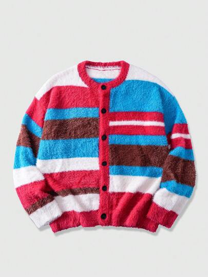 Street Life Men's Striped Long Sleeve Single-Breasted Casual Knit Cardigan, Autumn/Winter