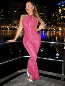 SHEIN SXY 女士闪亮派对交叉吊带连体裤 - 玫紅色 - 查看 5