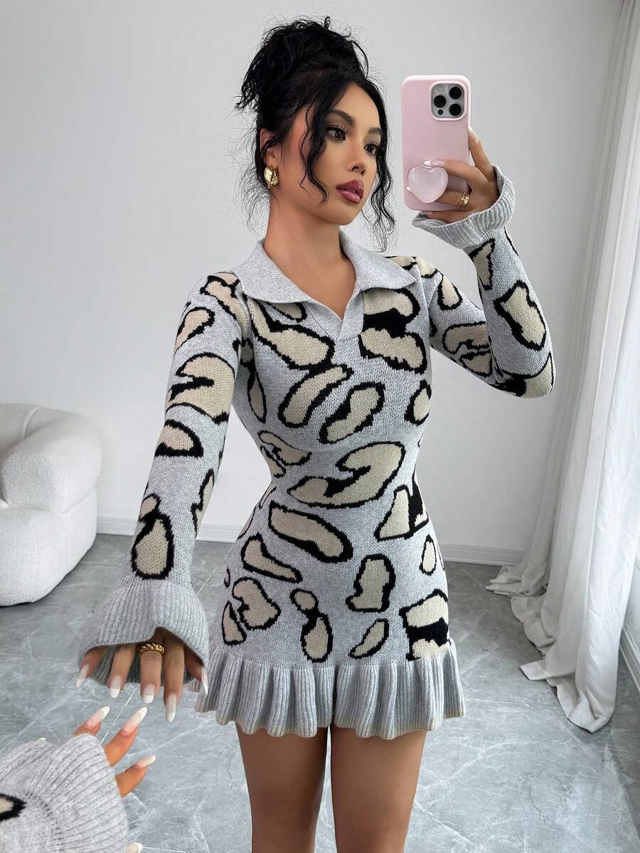 Elenzga Autumn/Winter Fashion Leopard Print Ruffle Hem Bodycon Design Women Sweater Dress - Grey - View 1