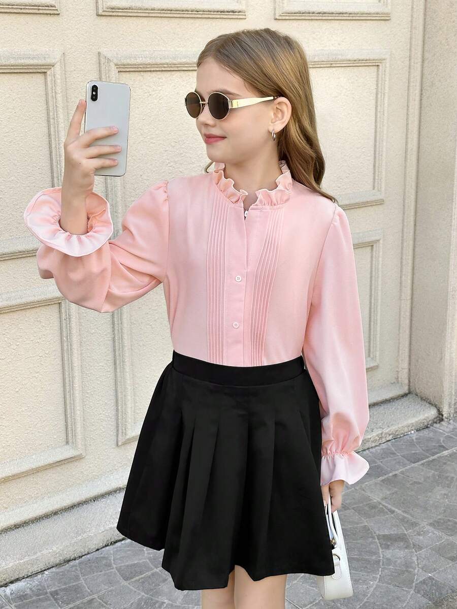 Tween 女童优雅荷叶边领灯笼袖修身长袖衬衫，百搭休闲、周末、返校、可爱上衣 - 淺粉色 - 查看 1