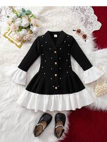 年轻女孩休闲简约俏皮细领口拼接荷叶边带串珠装饰西装外套连衣裙适合生日派对、晚会、演出、婚礼、洗礼、开幕式适合日常穿着适合上学适合旅行适合秋冬季节 - 黑色 - 查看 1