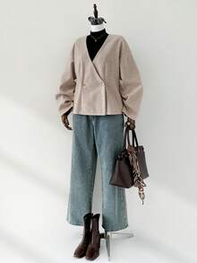 Auralis Plus-Size Women's Autumn/Winter Fashionable Casual Loose Comfortable Everyday Warm Apricot Long-Sleeved Button-Down Coat, Women's Winter Jacket ,Simple Style