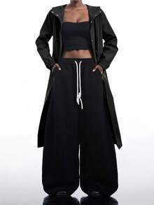 LYSMO 2025新款极简秋季女式休闲黑色纽扣连帽风衣，适合作为外套、街头服饰、飞行员夹克、返校雨衣、女士长款外套和鼠尾草黑色连帽雨衣，男女皆宜 - 黑色 - 查看 6