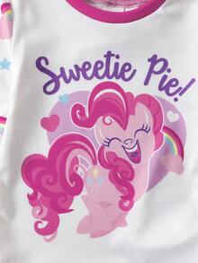 My Little Pony X SHEIN 两件套女婴可爱粉色小马印花长袖上衣和彩虹星星印花长裤睡衣套装，适合春、秋、冬季穿着。 - 白色 - 查看 3