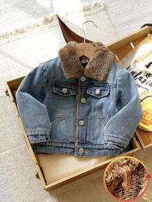 SHEIN Áo khoác cardigan denim cổ bẻ tay dài dáng rộng unisex cho bé trai, thích hợp cho các hoạt động thường ngày, tụ họp cuối tuần, cắm trại ngoài trời, phong cách thường ngày ở trường học, size 6M-3T. Áo khoác denim cho bé trai, áo khoác denim cho bé, áo khoác denim cho bé trai, áo khoác denim, áo khoác jeans cho bé, áo khoác denim kiểu Hàn Quốc. - Nhiều màu - Xem 6