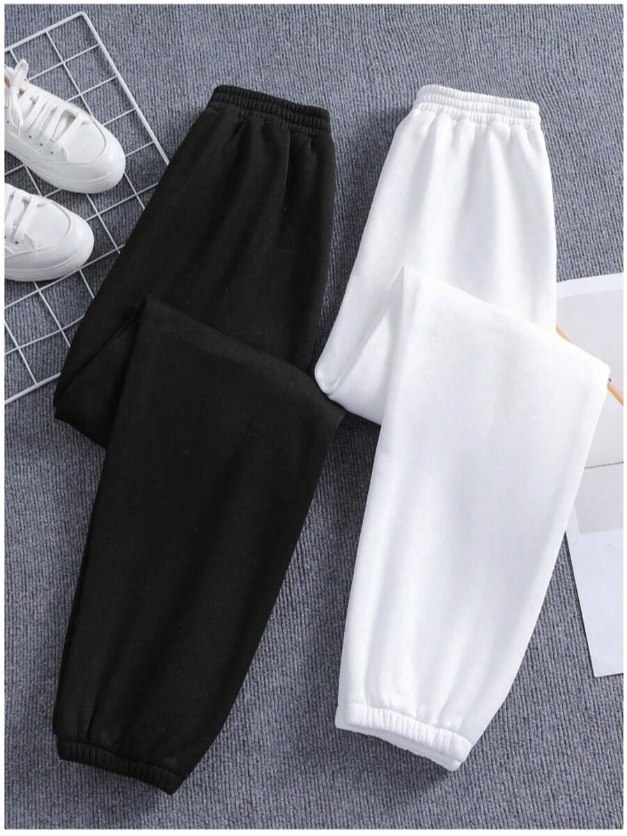 Dama pantalones casuales estilo deportivo tela cómoda cintura elástica ajuste holgado tiro alto largo primavera otoño uso diario pantalones - Blanco negro - Ver 1
