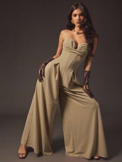 Hauture Macacão Casual de Negócios com Perna Extremamente Larga, Busto Bandeau e Cor Sólida, Sexy para Escritório