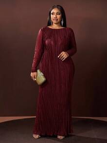 Veslaya 秋冬新品，优雅百搭，适合派对、约会、晚宴、毕业典礼、生日、婚礼等场合，宽松纯绿色网纱拼接长袖A字褶皱长裙，大码 - A - 紅色 - 查看 6