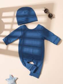 SHEIN 2Pcs Set Newborn Boy Photography Outfits Little Brother Embroidery Baby Coming Home Outfit Baby Shower Gift 1 Month 3 Month Infant Photo Props - Blue - View 3