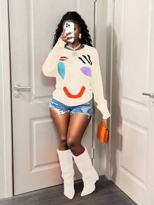 BamGleam Casual Smiling Face Patchwork Knit Sweater, Autumn/Winter - Apricot - View 3