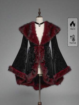Gothic Vintage Patchwork Faux Fur Collar Paisley Velvet Embossed Flare Sleeve Regular Jacket