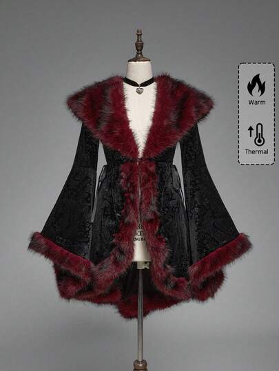Goth Gothic Vintage Patchwork Faux Fur Collar Paisley Velvet Embossed Flare Sleeve Regular Jacket