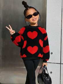 SHEIN Emery Rose Kids 少女心形图案长袖抓绒卫衣，心形印花套头衫，休闲、运动、户外，优雅少女粗针织红黑毛绒卫衣 - 黑色 - 查看 8