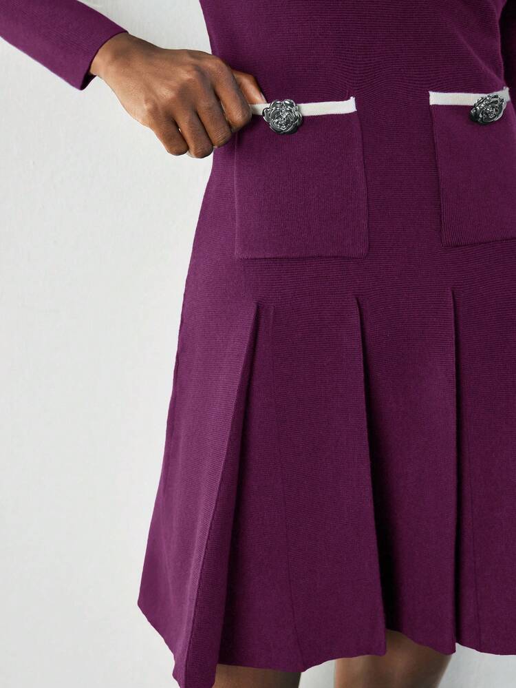 SHEIN Maija Abito corto a maniche lunghe in maglia con collo rotondo, bordi a contrasto, tasche e orlo plissettato, adatto per pendolarismo urbano, lavoro, casual, Natale, Capodanno, matrimoni, vacanze