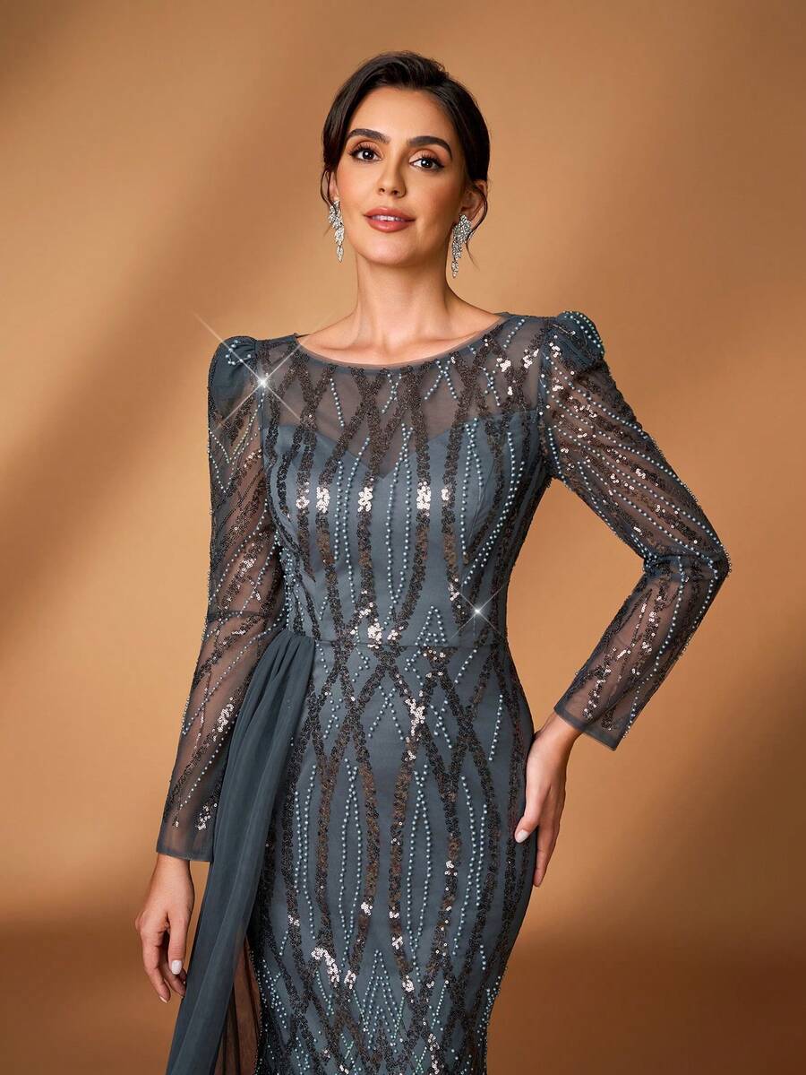 Serin Elegant Luxurious Beaded & Sequin Floral Sheer Sleeve Mermaid Dress With Side Slit, Suitable For Wedding, Party, Vacation, Prom, Mother Of The Bride Evening Gown - Dark Grey - View 1