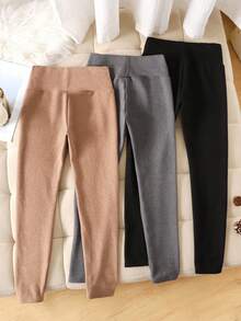 SHEIN 女童纯色保暖打底裤，休闲百搭，适合秋冬季穿着 - 彩色 - 查看 3