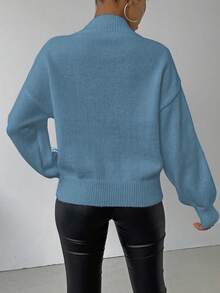 SHEIN LUNE 女士休闲线条图案圆领落肩毛衣，秋冬款 - 藍色 - 查看 2