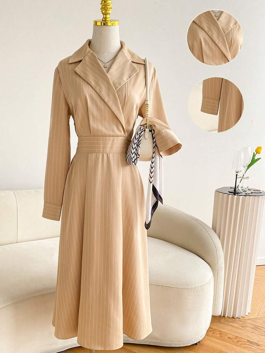 SHEIN LUNE Women's Printed Minimalist Long Sleeve Dress - Khaki - View 1