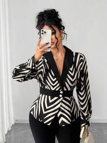 Elenzga Women's Elegant Geometric Print Asymmetric Collar Crossed Neckline Long Sleeve Blouse, Autumn/Winter - Multicolor - View 6