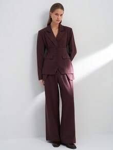 Airaco Bộ đồ vest nữ đơn sắc ve áo cổ thắt eo cài nút đơn và quần ống rộng - Cà phê nâu - Xem 5