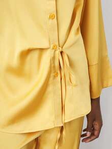 Maija 2pcs Women's Solid Color Drop Shoulder Long Sleeve Front Button Fashionable Shirt Set