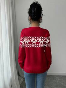 Selianne Áo len chui đầu thường ngày cổ tròn trang trí nơ Jacquard - Đỏ - Xem 2